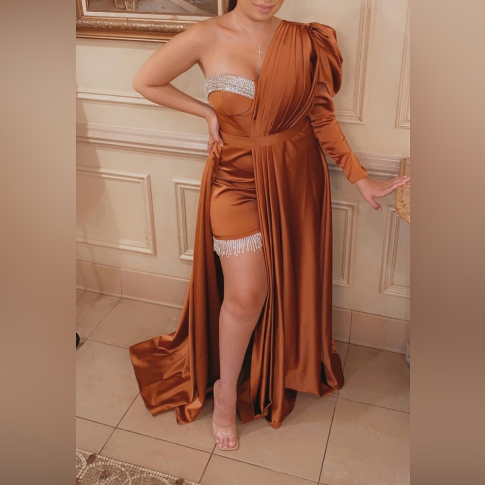 Burnt orange unique satin evening dress with embellished short detailing